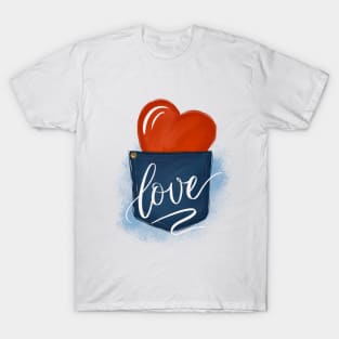 Jeans pocket wth red heart, word Love T-Shirt